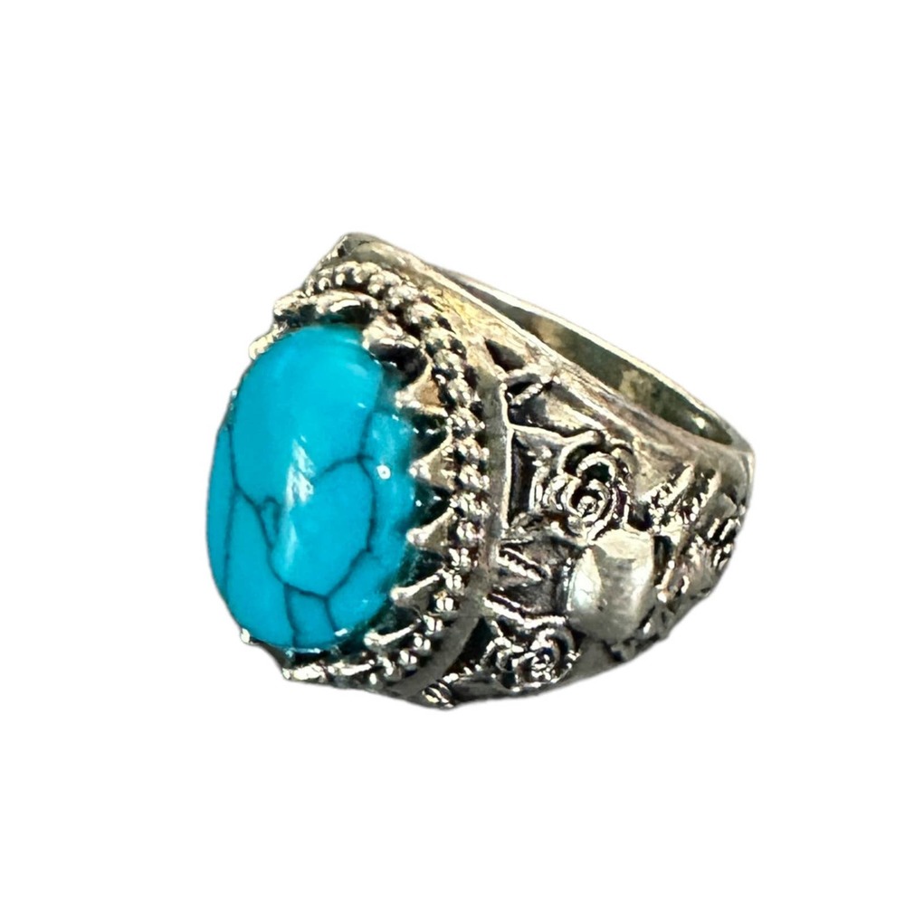 Turquoise and silver thick ring with engraved skulls retro size 6 - Picture 2 of 6